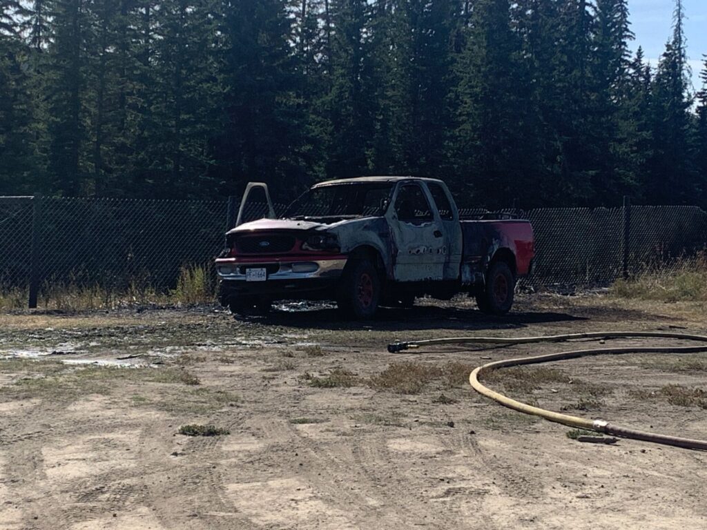 Truck fire the cause of grassland fire near 100 Mile House ice rink