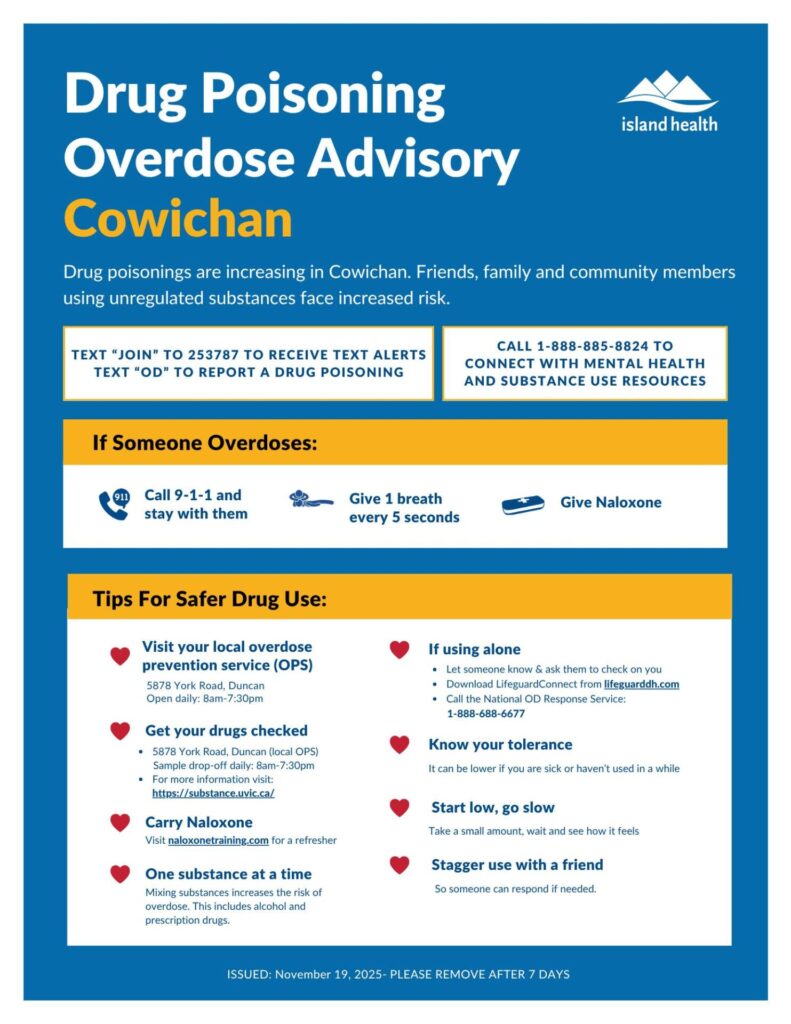Island Health extends drug poisoning and overdose advisory for Cowichan region
