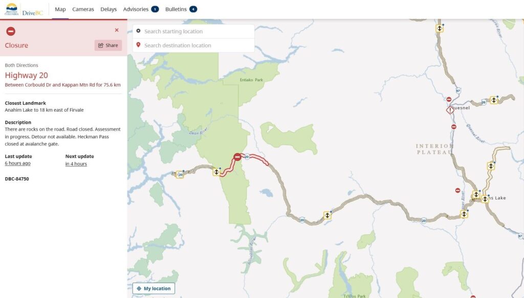 Highway 20 West of Aniham Lake closed
